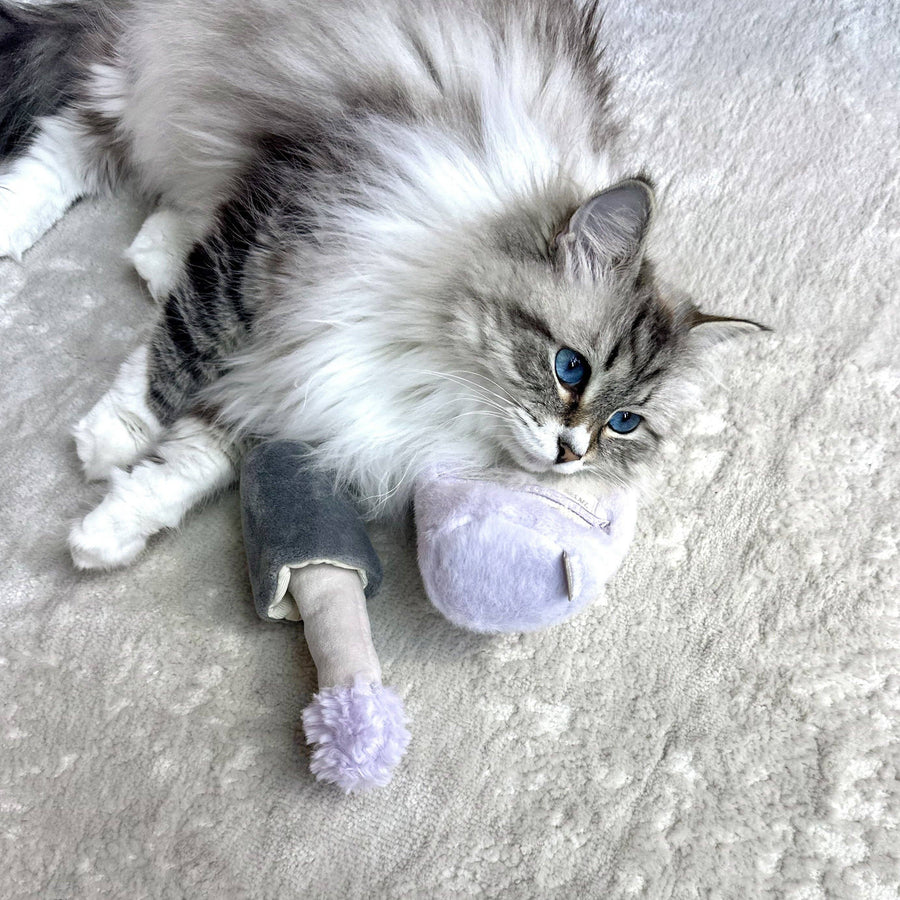 Fluffy cat cuddling the Kitty Nail Polisher cat toy