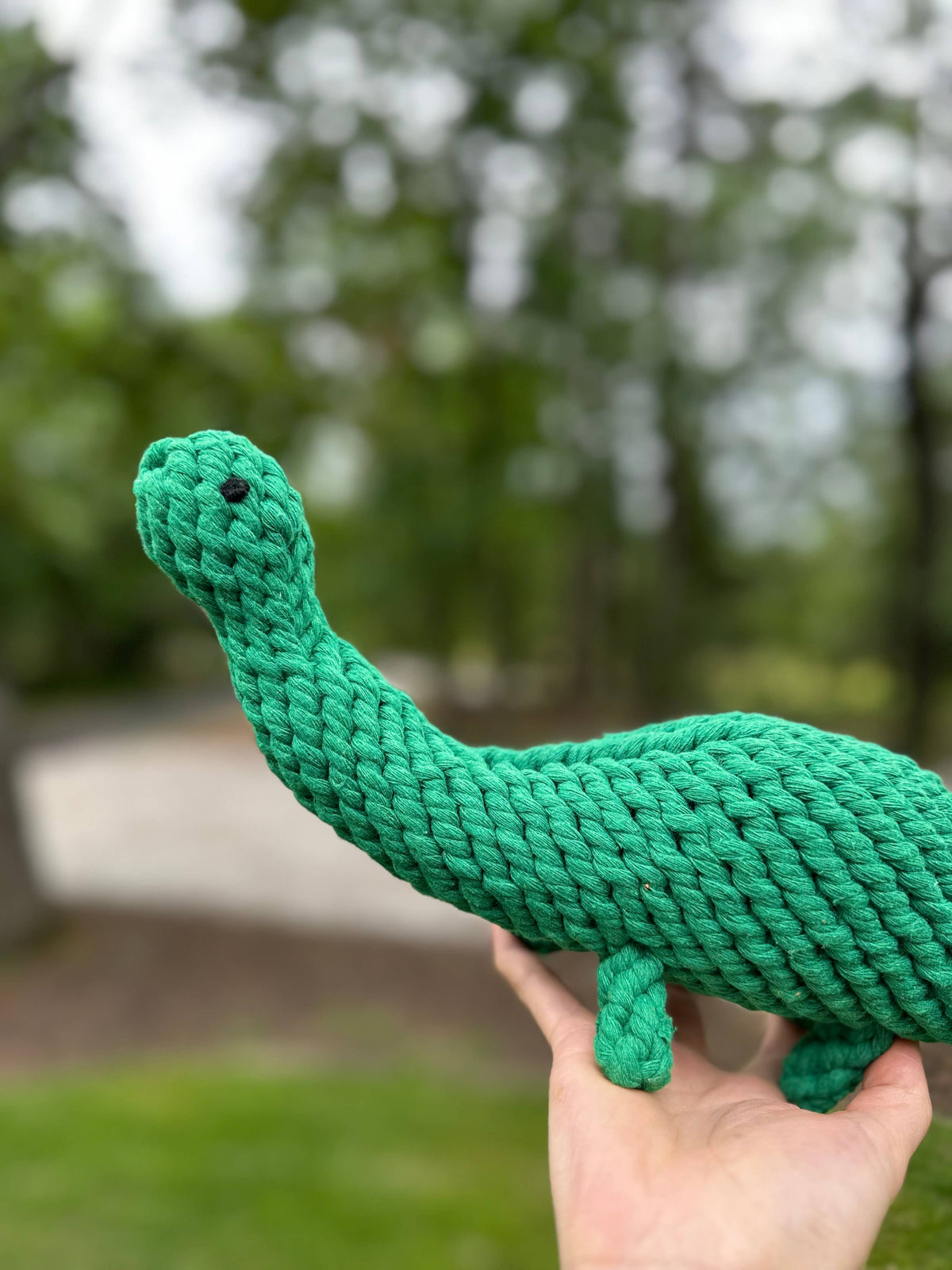 Close-up of the Large Rex the Green Dinosaur Rope Toy in hand