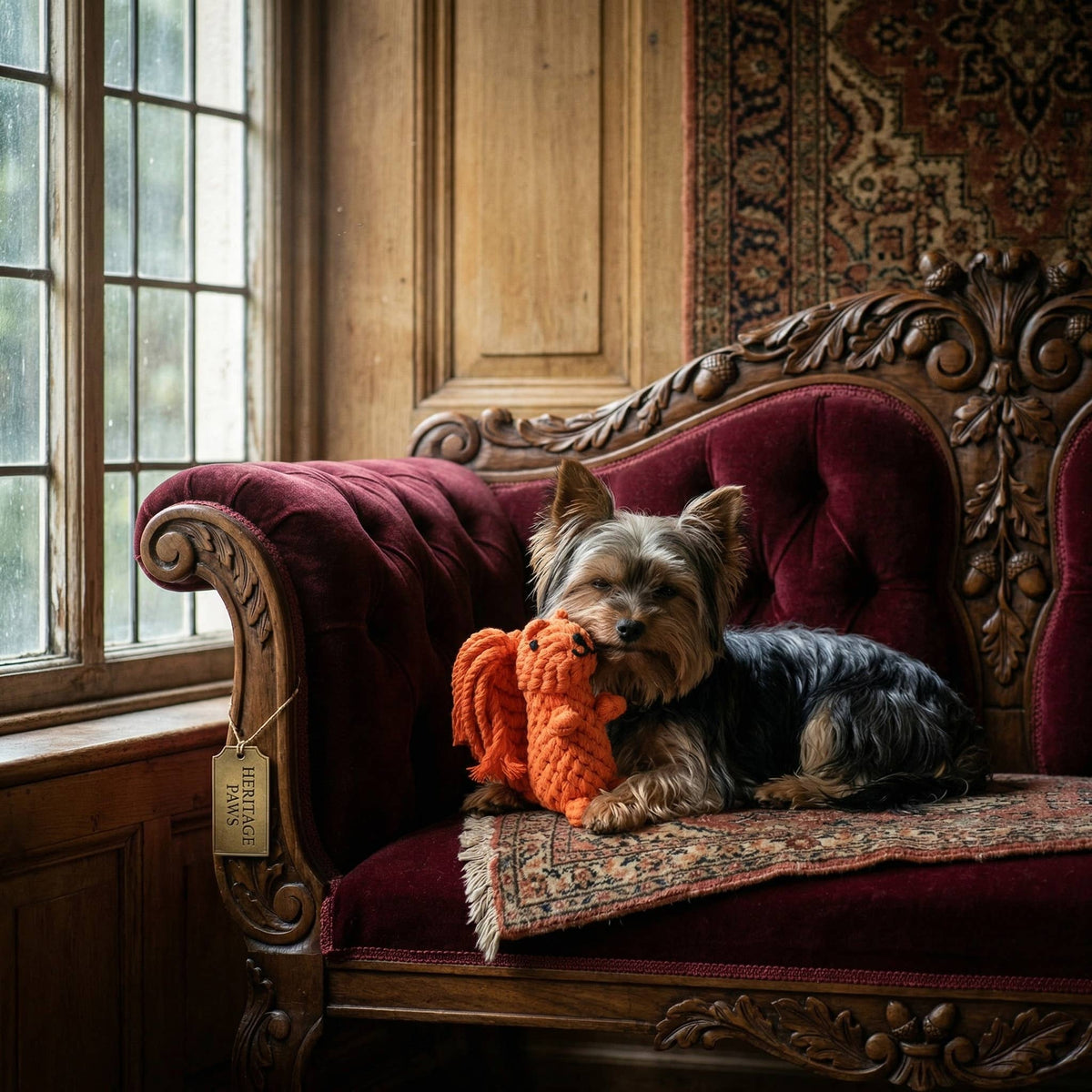Yorkie on a velvet chair with Oliver the Squirrel Rope Toy