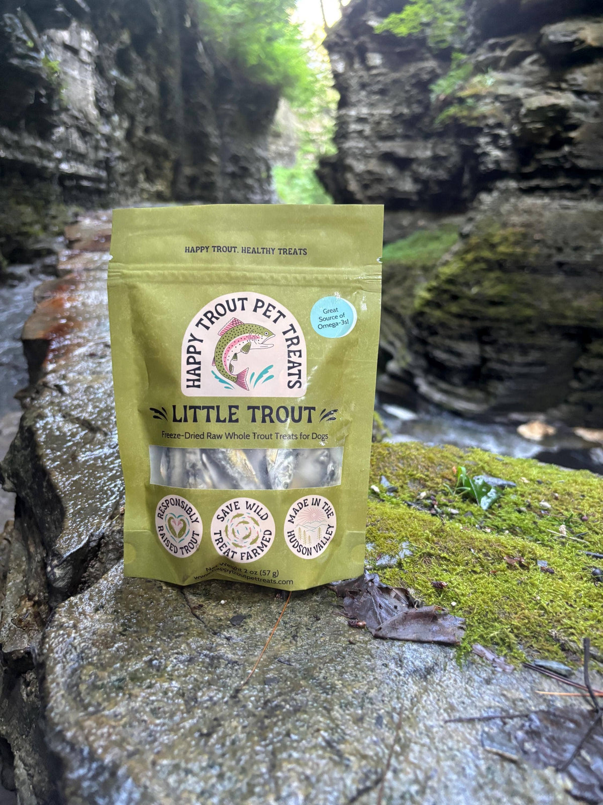 Happy Trout Pet Treats Little Trout bag on a mossy rock by a stream