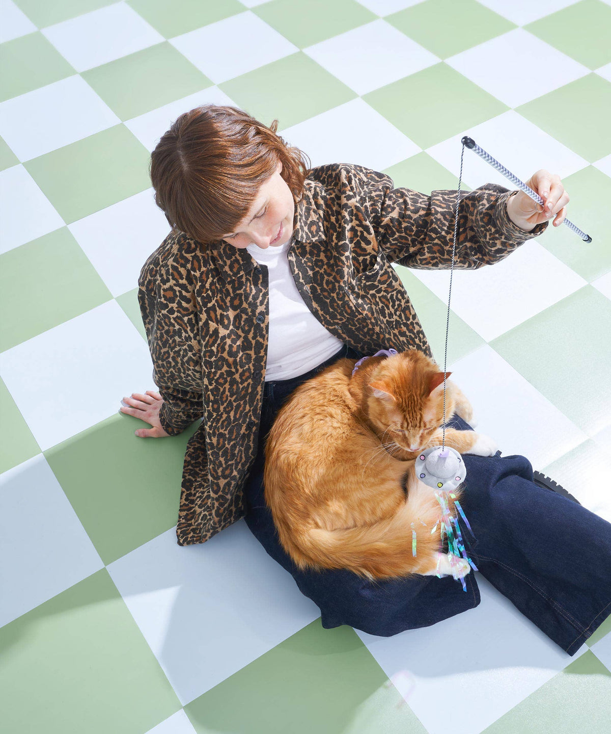 Person playing with an orange cat using the Wild One Cat Wild Wand