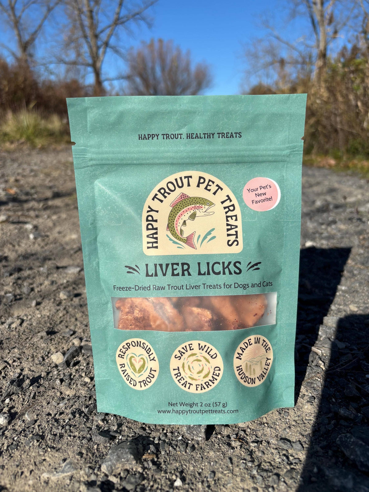Happy Trout Pet Treats Liver Licks 2 oz bag, freeze-dried raw trout liver treats for dogs and cats