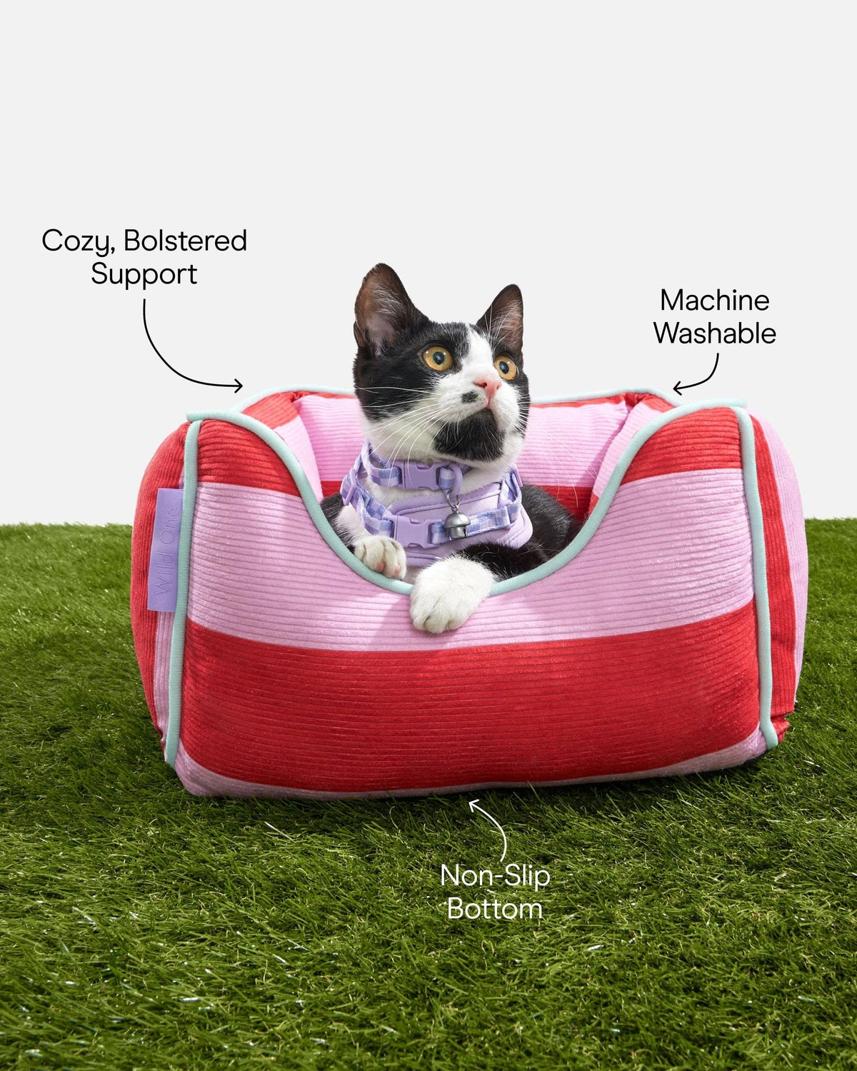 Cat in the Wild One Cat Bolster Bed with cozy bolstered support, machine washable, and non-slip bottom callouts