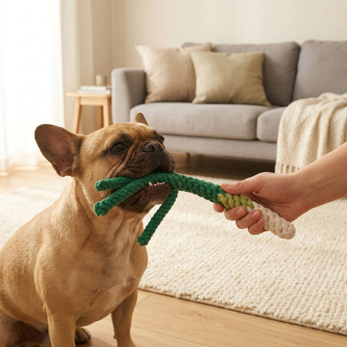French bulldog tugging the Monli Handmade Green Onion Tug Rope Toy