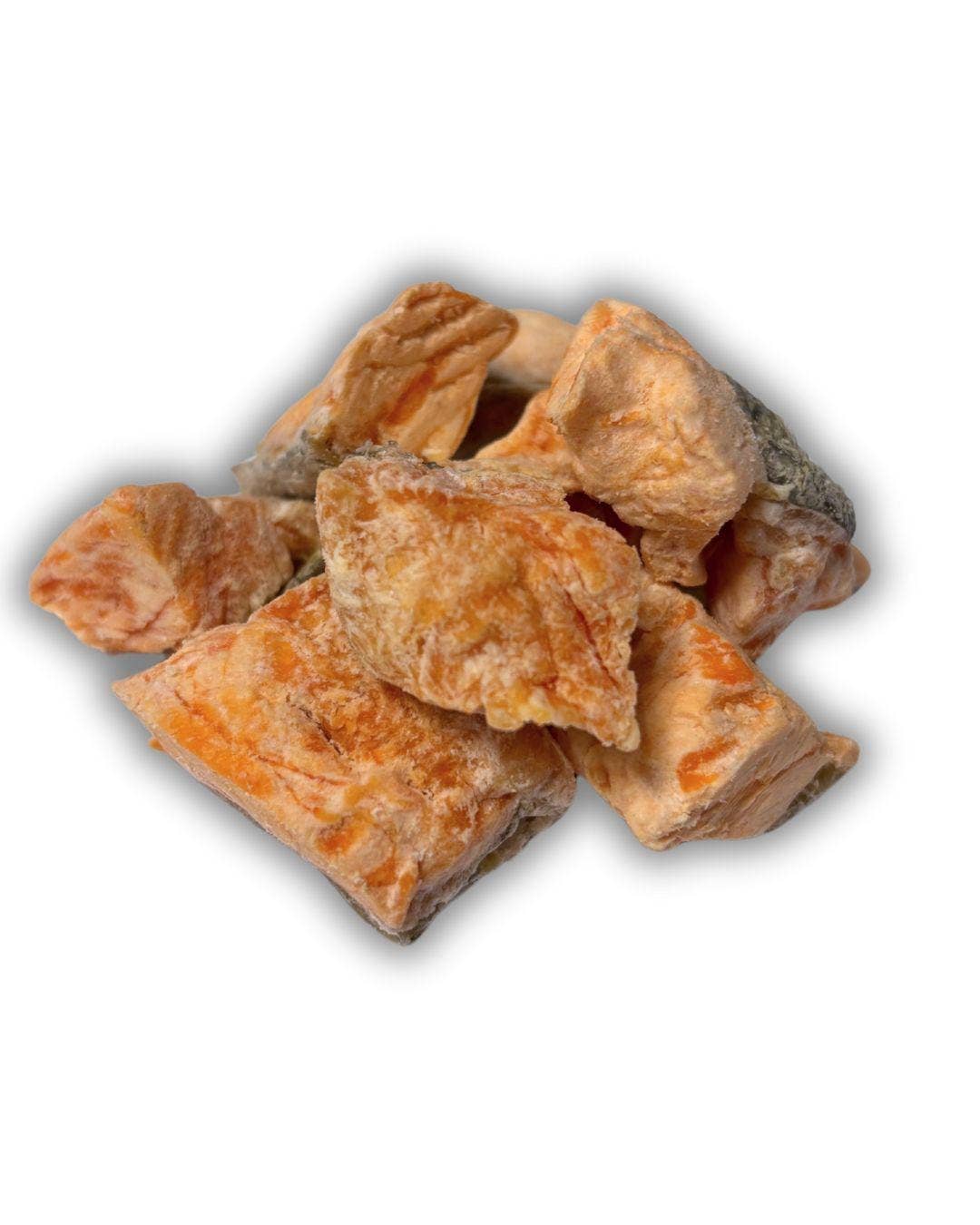 Trout Tidbits freeze-dried steelhead trout fillet pieces on a white background