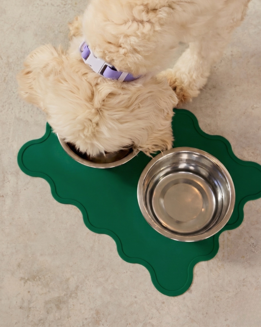 Dog eating from metal bowls on the Fritz Bowl Mat in Grass
