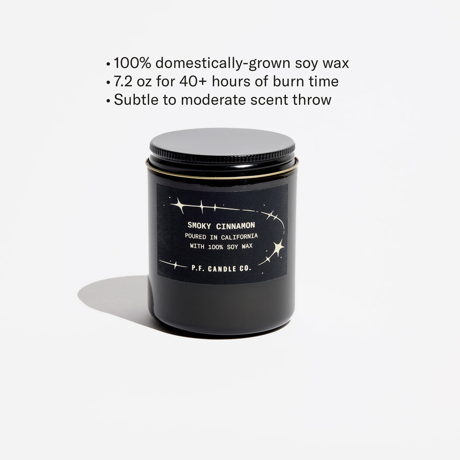 P.F. Celestial Collection Candle in Smoky Cinnamon with features: 100% domestically grown soy wax, 7.2 oz for 40+ hours of burn time, subtle to moderate scent throw