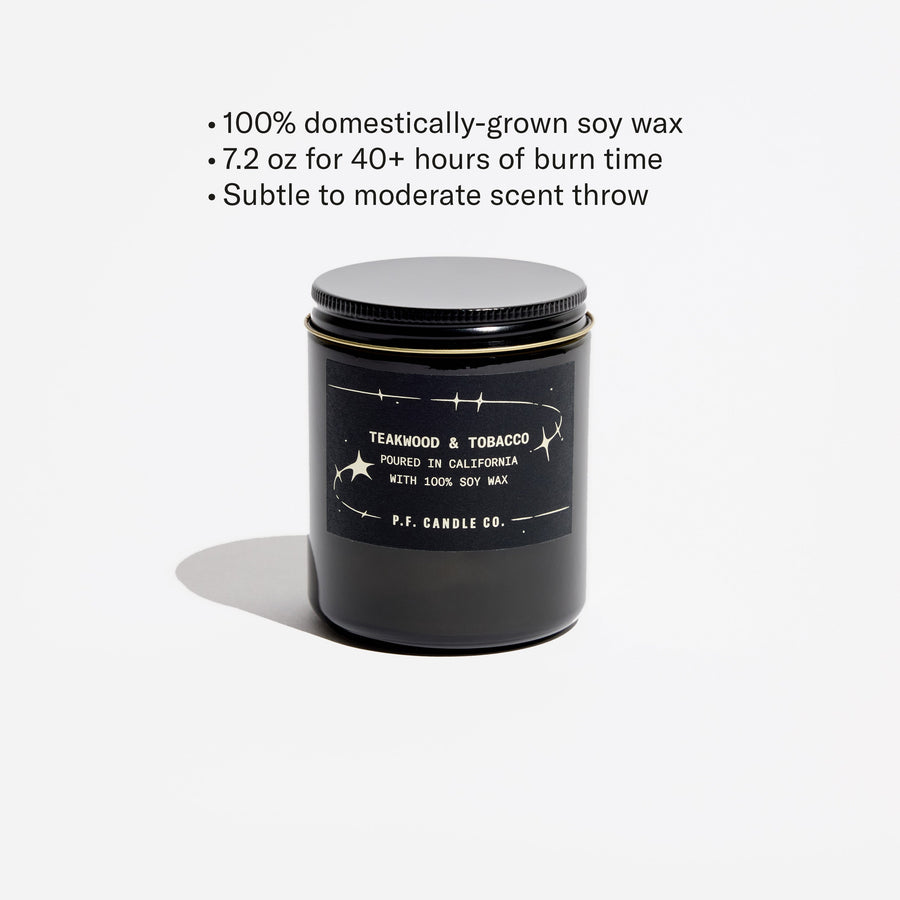 P.F. Celestial Collection Candle in Teakwood & Tobacco with features: 100% domestically grown soy wax, 7.2 oz for 40+ hours of burn time, subtle to moderate scent throw