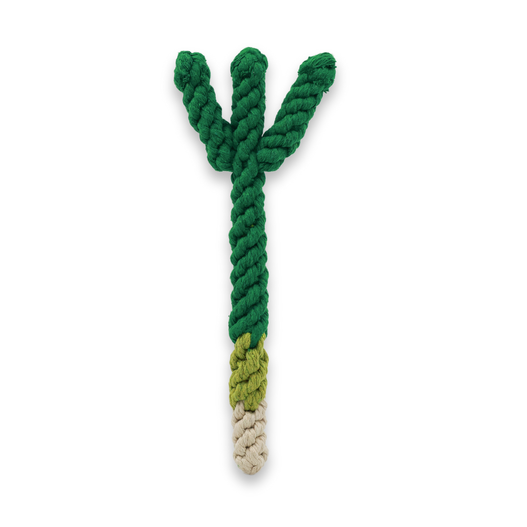 Monli Handmade Green Onion Tug Rope Toy, front view on a white background