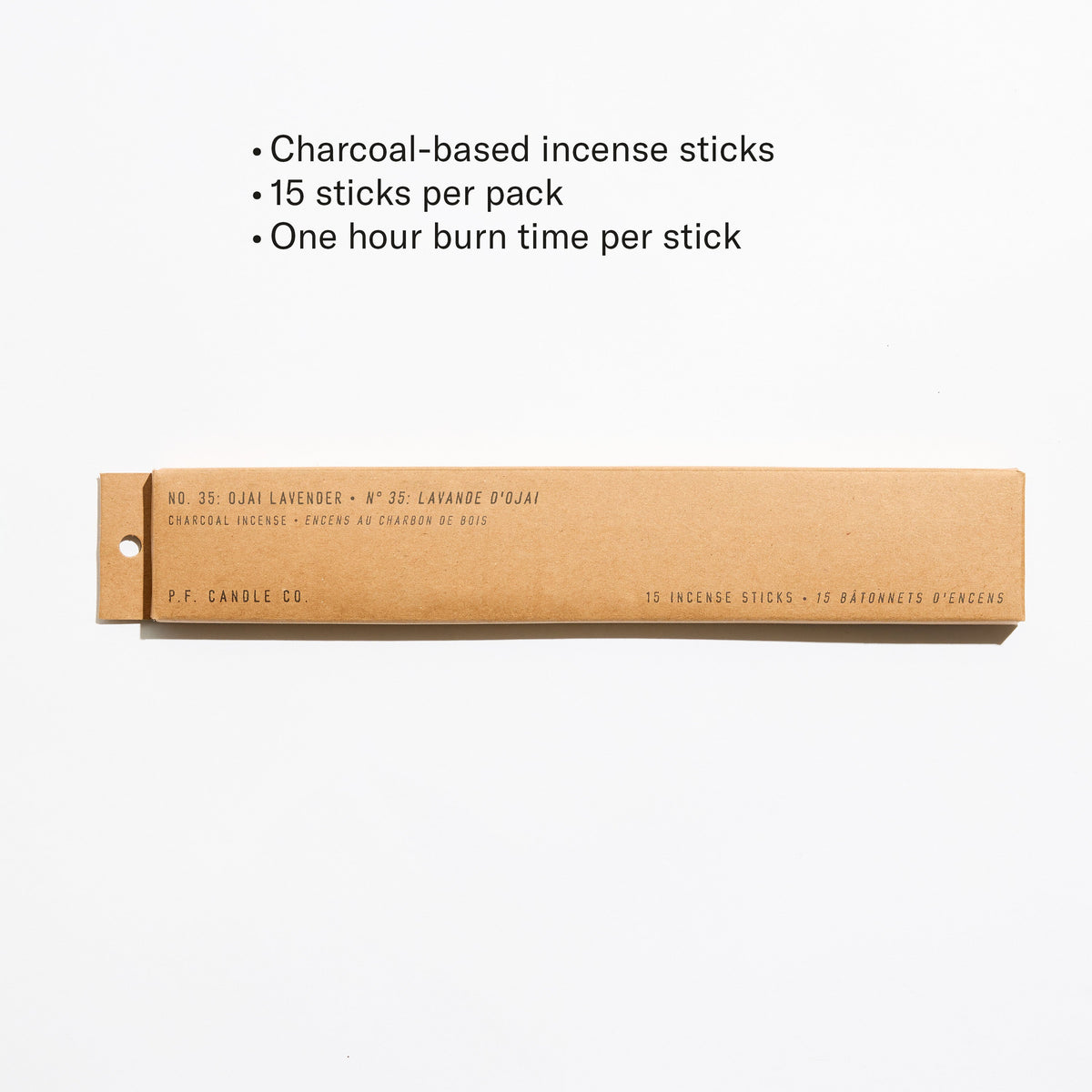 P.F. Candle Co. Incense Sticks in Ojai Lavender with features: charcoal-based incense sticks, 15 sticks per pack, one hour burn time per stick