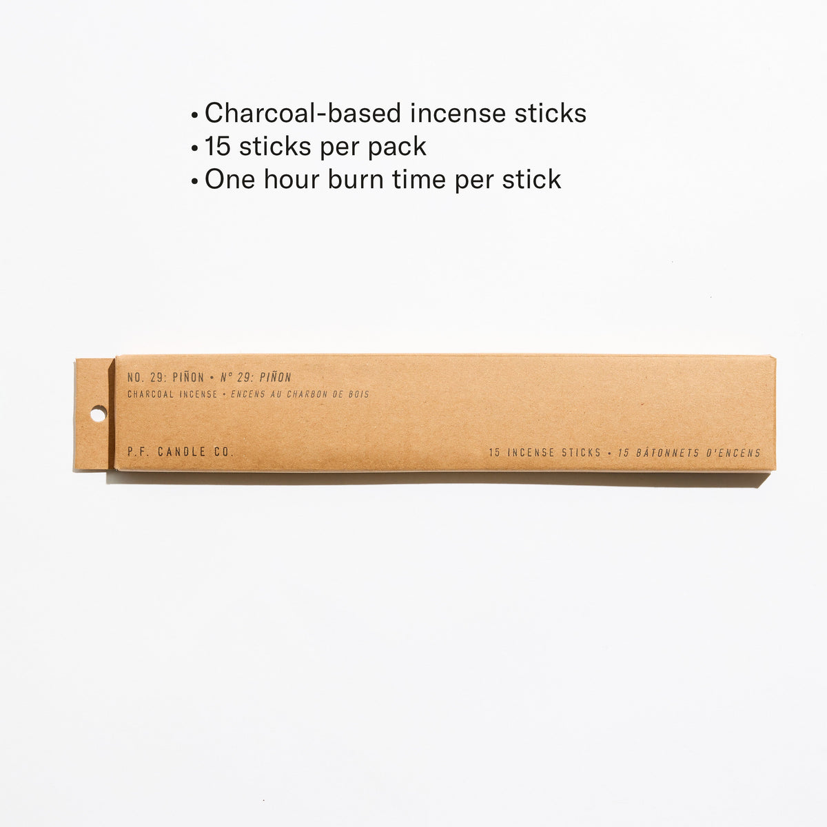 P.F. Candle Co. Incense Sticks in Piñon with features: charcoal-based incense sticks, 15 sticks per pack, one hour burn time per stick