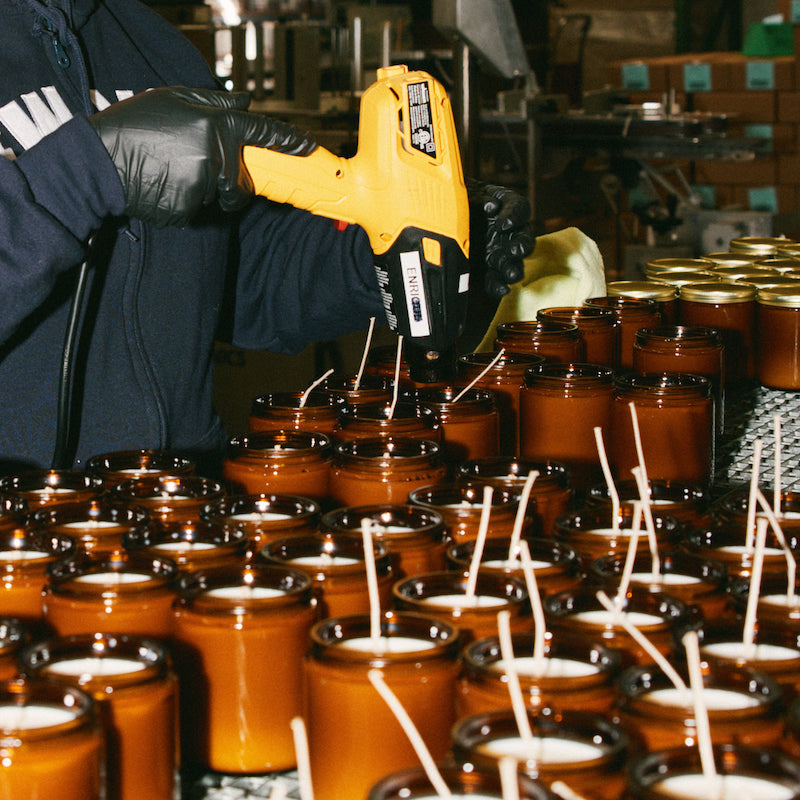 P.F. Candle Co. candles being poured at their Los Angeles factory