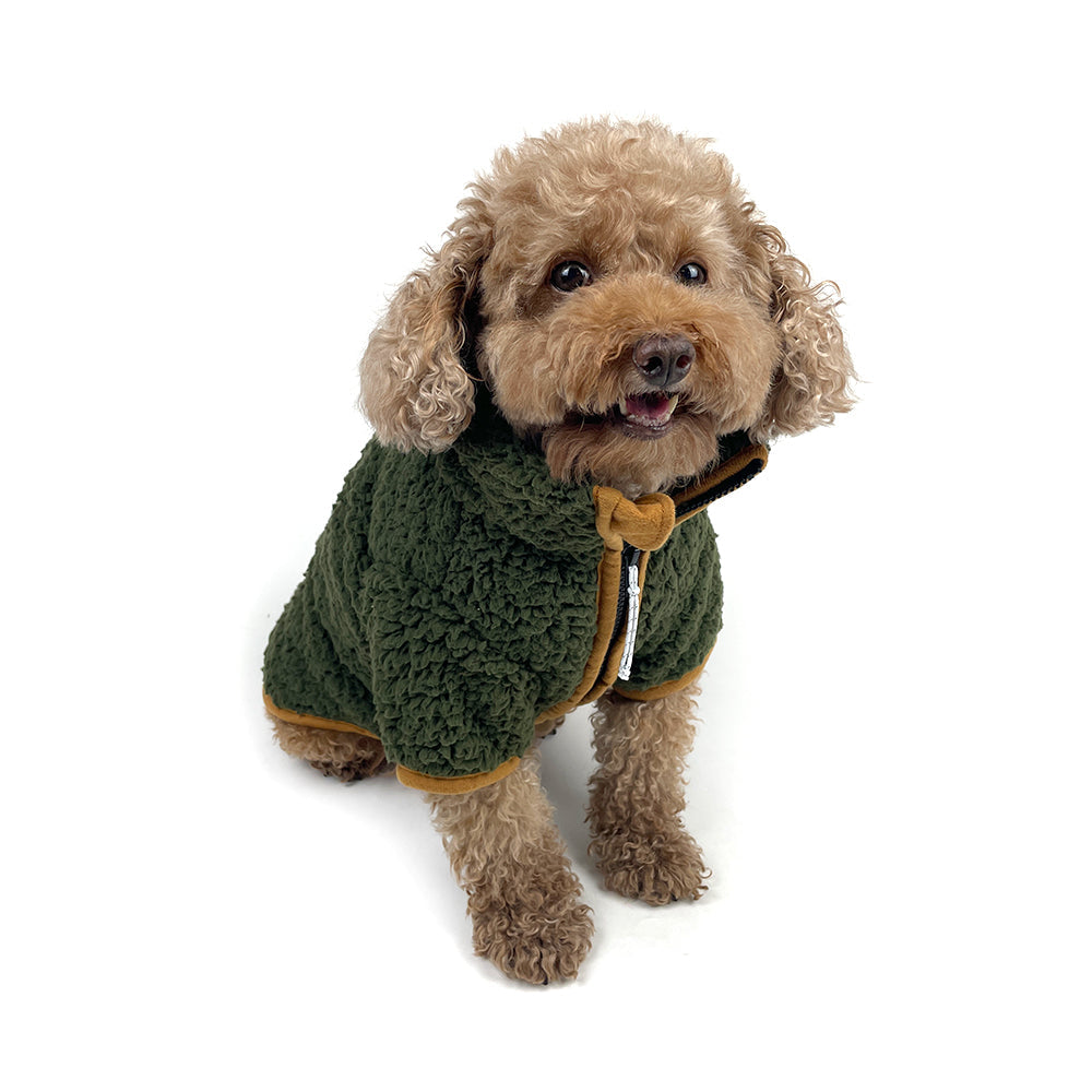 Doodle wearing the Milltown Brand Sherpa Fleece Dog Coat in Pine/Yuzu