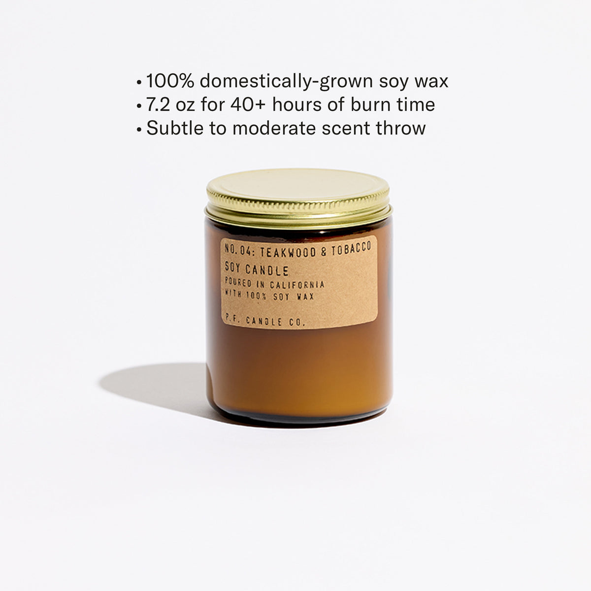 P.F. Candle Co. Standard Candle features: 100% domestically grown soy wax, 7.2 oz for 40+ hours of burn time, subtle to moderate scent throw