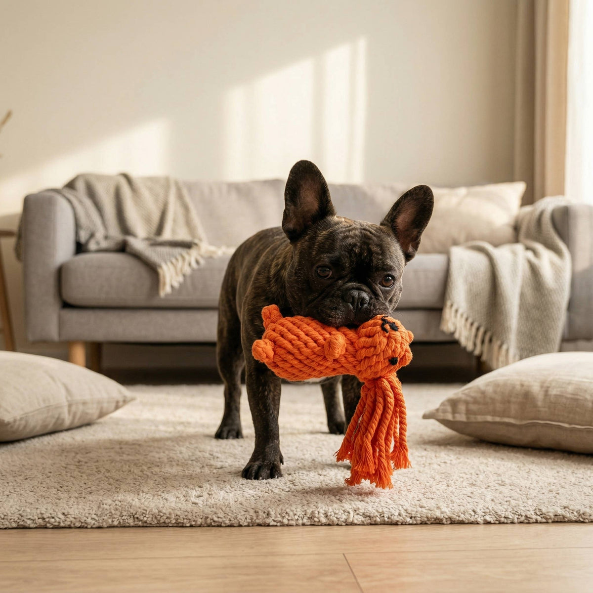 French bulldog holding Oliver the Squirrel Rope Toy in its mouth