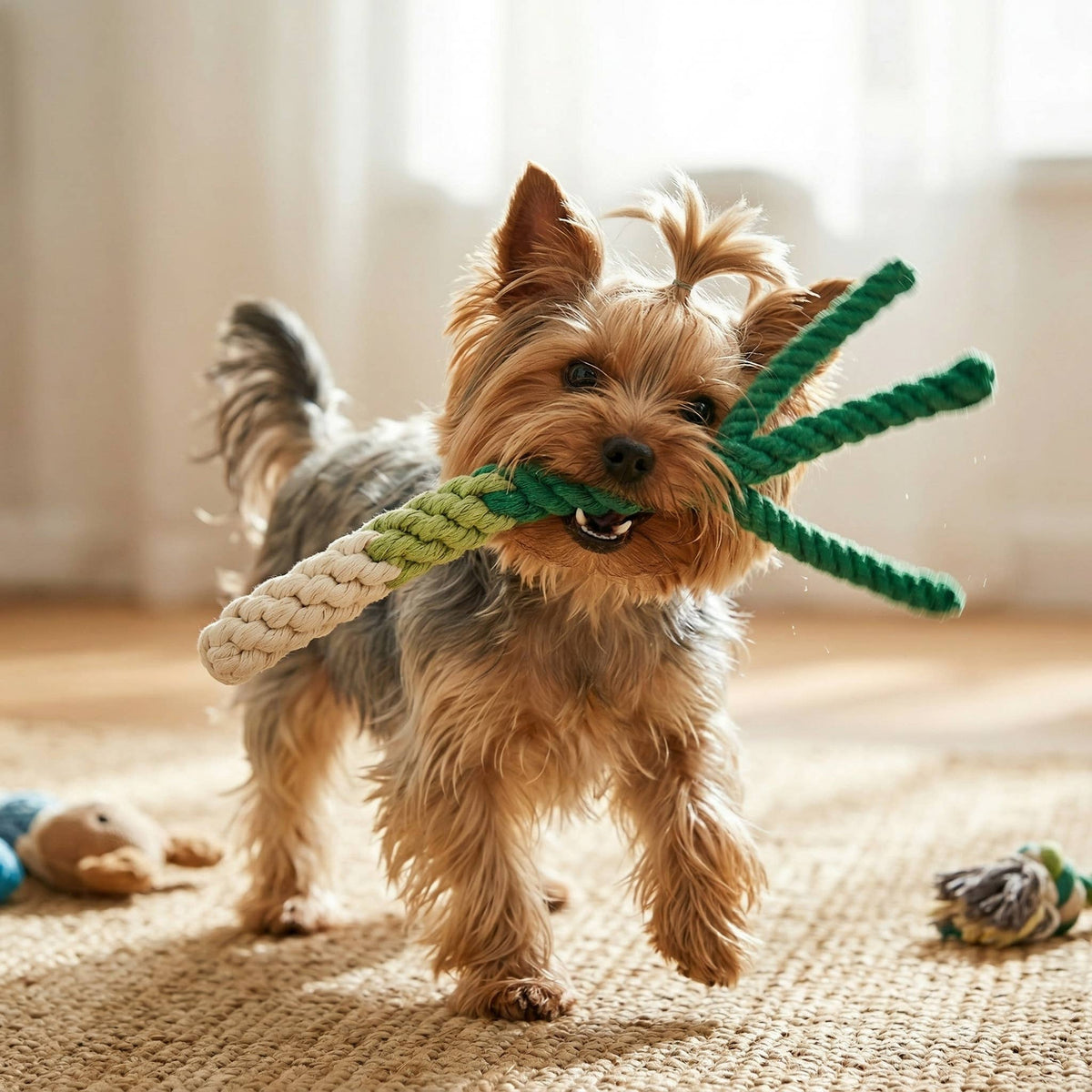 Yorkshire terrier running with the Monli Handmade Green Onion Tug Rope Toy