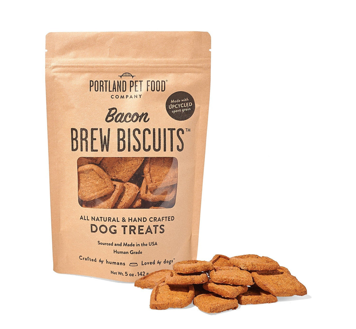 Portland Pet Food Company Bacon Brew Dog Biscuits 5oz bag with biscuits