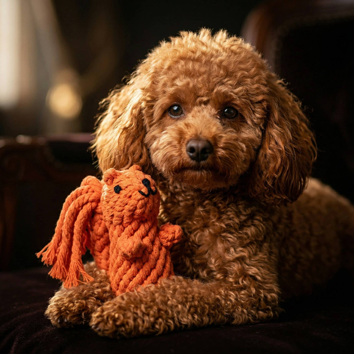 Poodle lying with Oliver the Squirrel Rope Toy