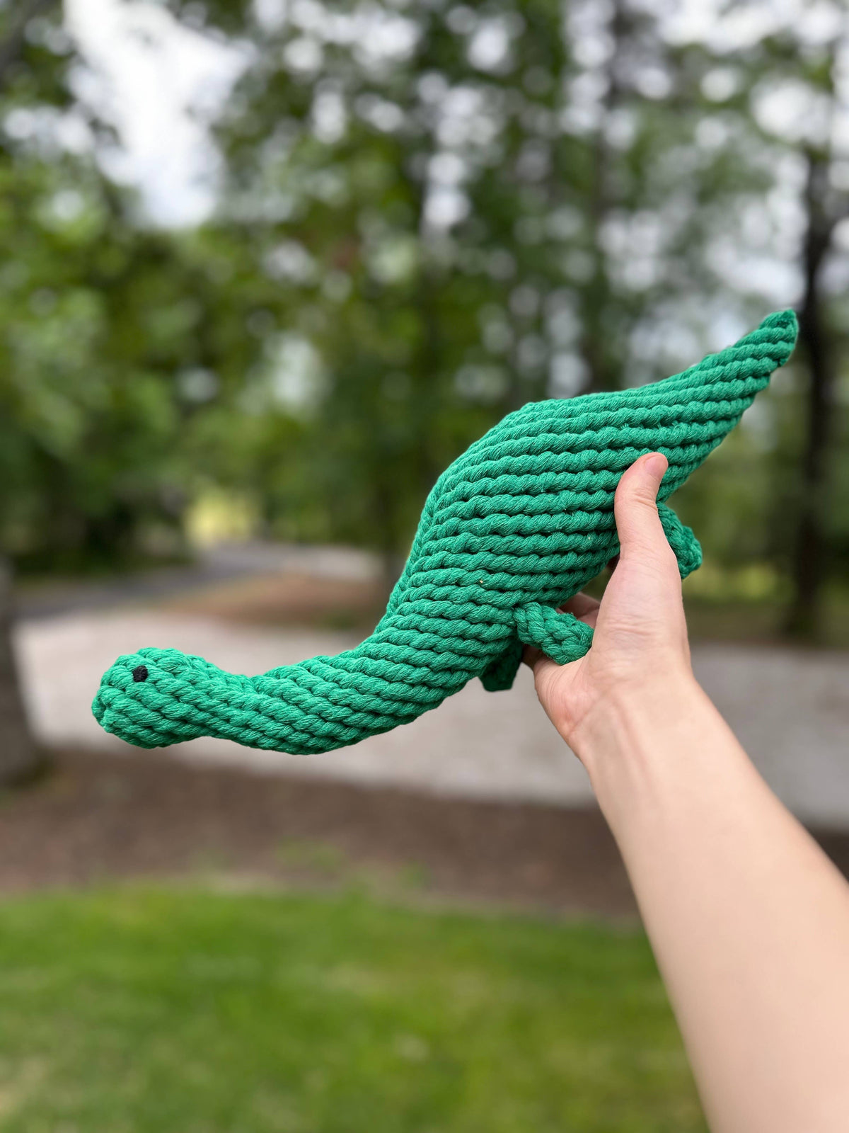 Large Rex the Green Dinosaur Rope Toy held up outdoors, side view