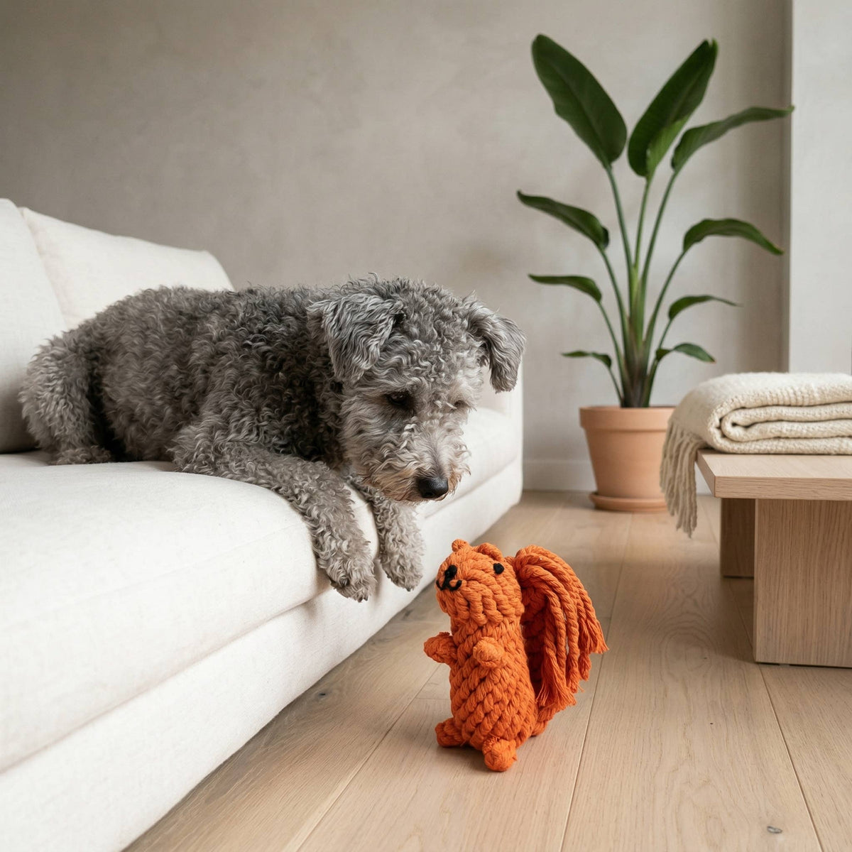 Gray dog on a sofa next to Oliver the Squirrel Rope Toy on the floor