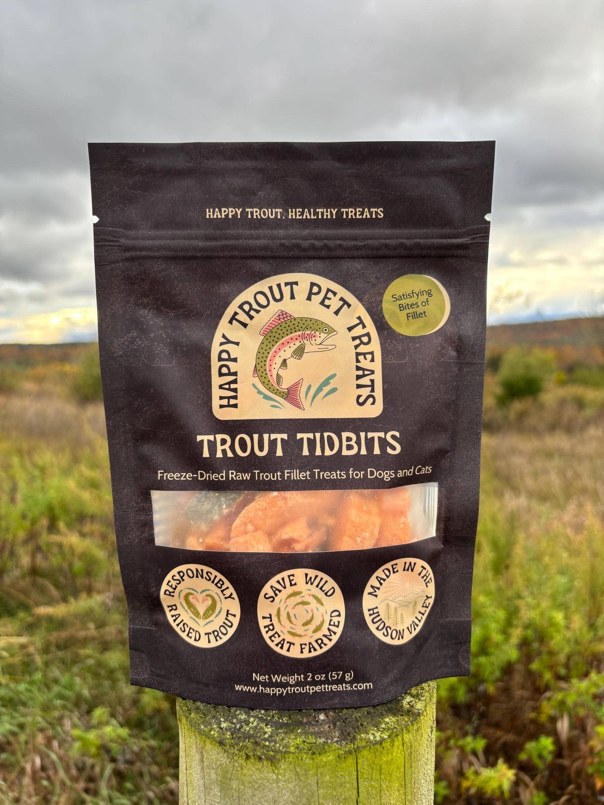 Happy Trout Pet Treats Trout Tidbits 2 oz bag, freeze-dried raw trout fillet treats for dogs and cats