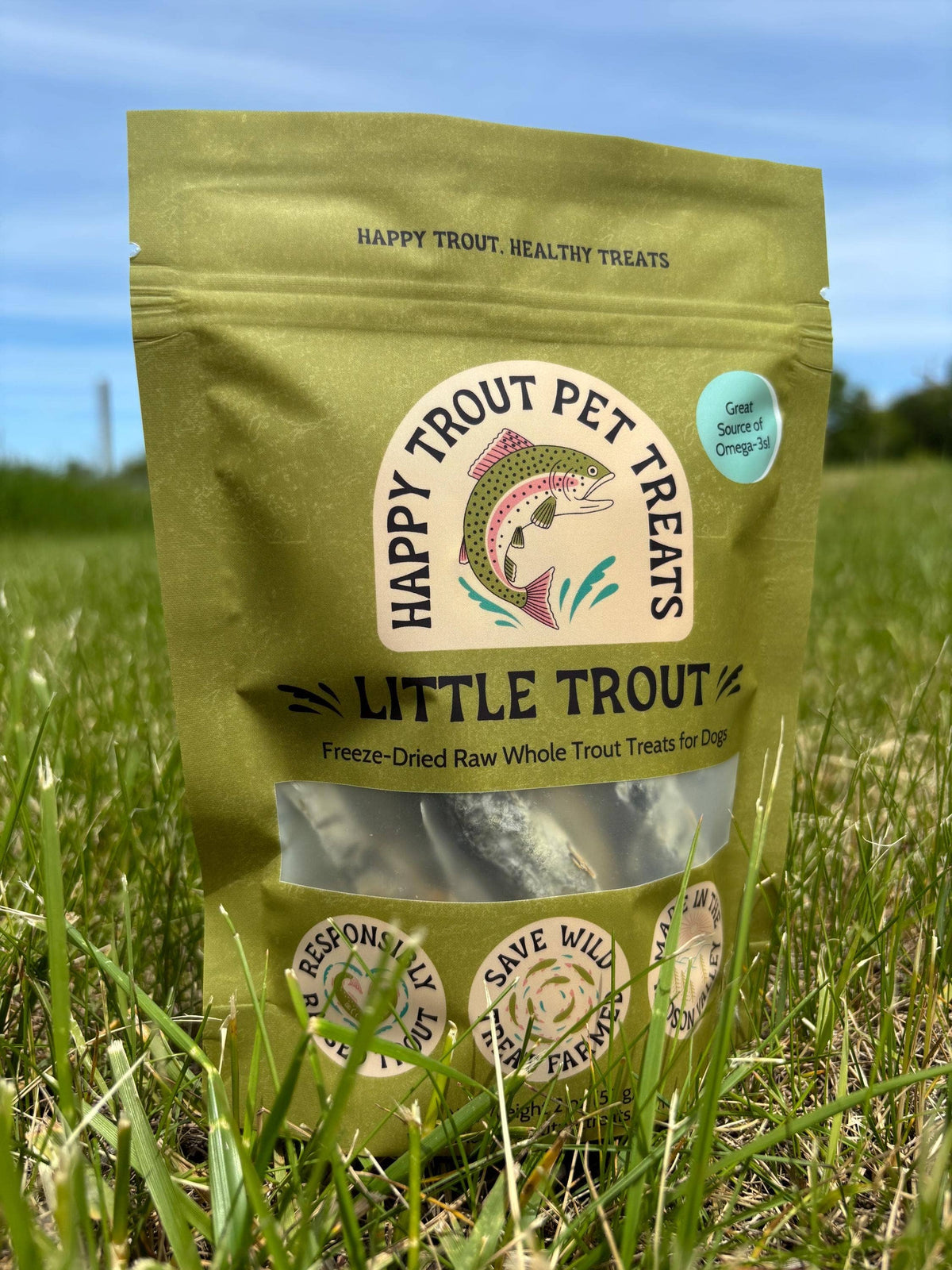 Happy Trout Pet Treats Little Trout 2 oz bag, freeze-dried raw whole trout treats for dogs