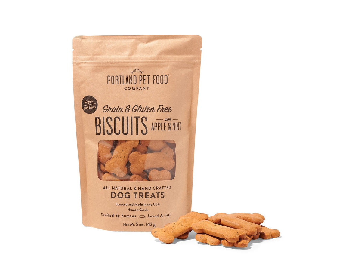 Portland Pet Food Company Grain & Gluten-Free Apple & Mint Dog Biscuits 5oz bag with biscuits