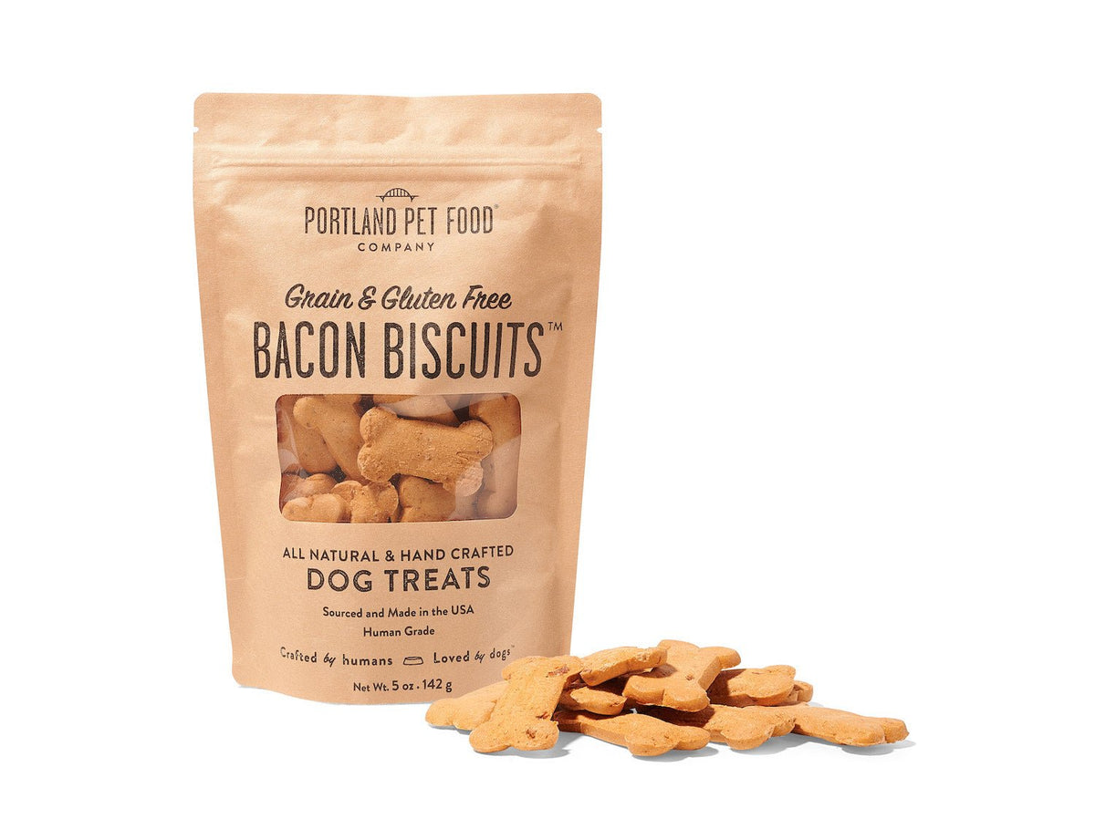 Portland Pet Food Company Grain & Gluten-Free Bacon Dog Biscuits 5oz bag with biscuits