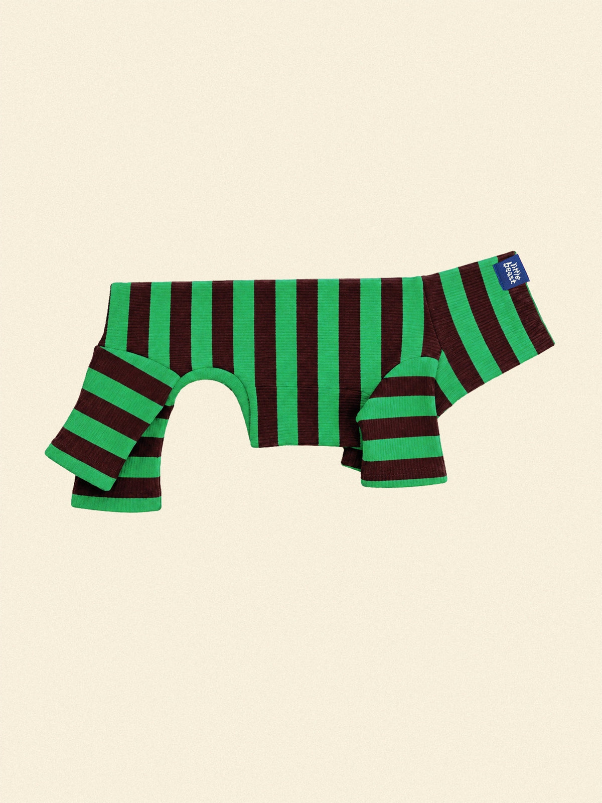 Little Beast Earth Stripe Onesie in green and brown stripes, flat lay