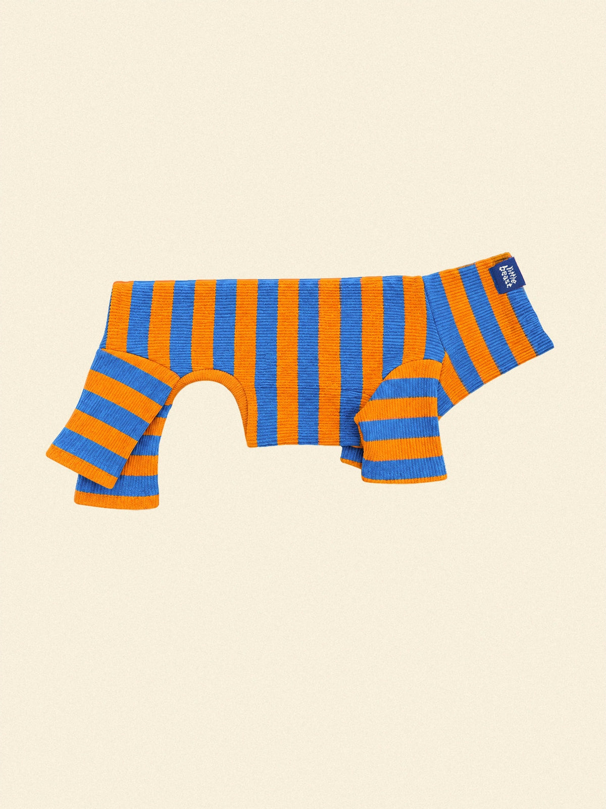Little Beast OG Stripe Onesie in orange and blue stripes, flat lay