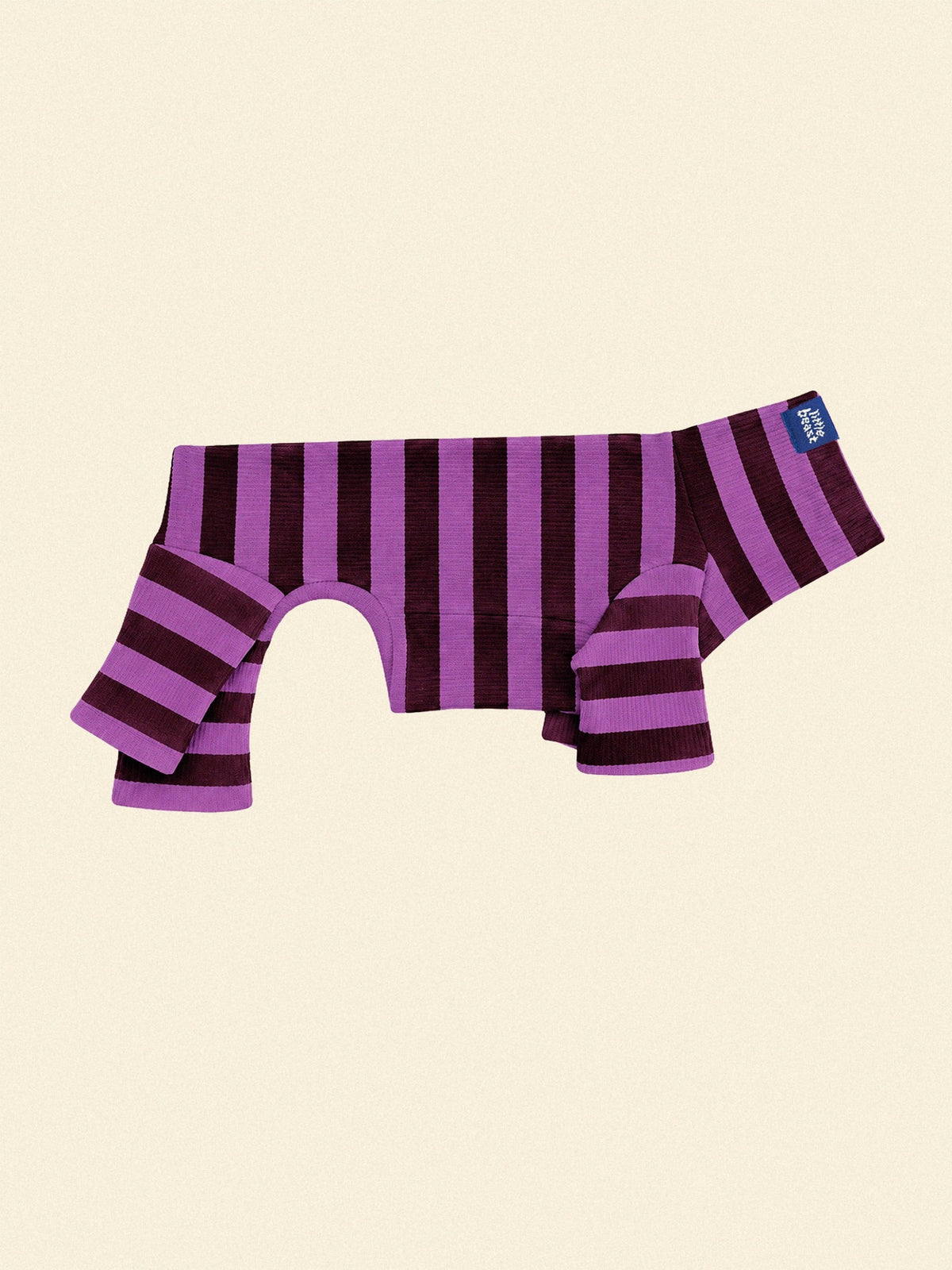 Little Beast PBJ Stripe Onesie in purple and brown stripes, flat lay