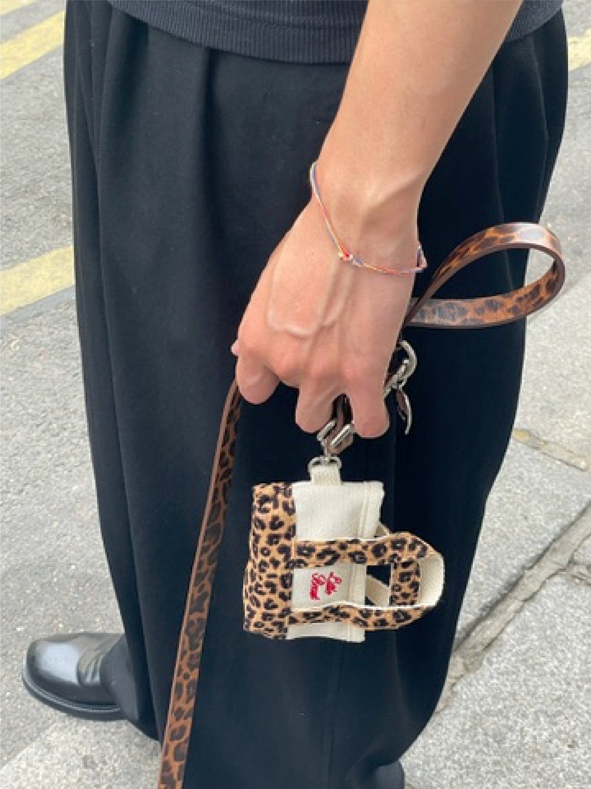 Little Beast Poop Bag Tote in Cougar clipped to a leash