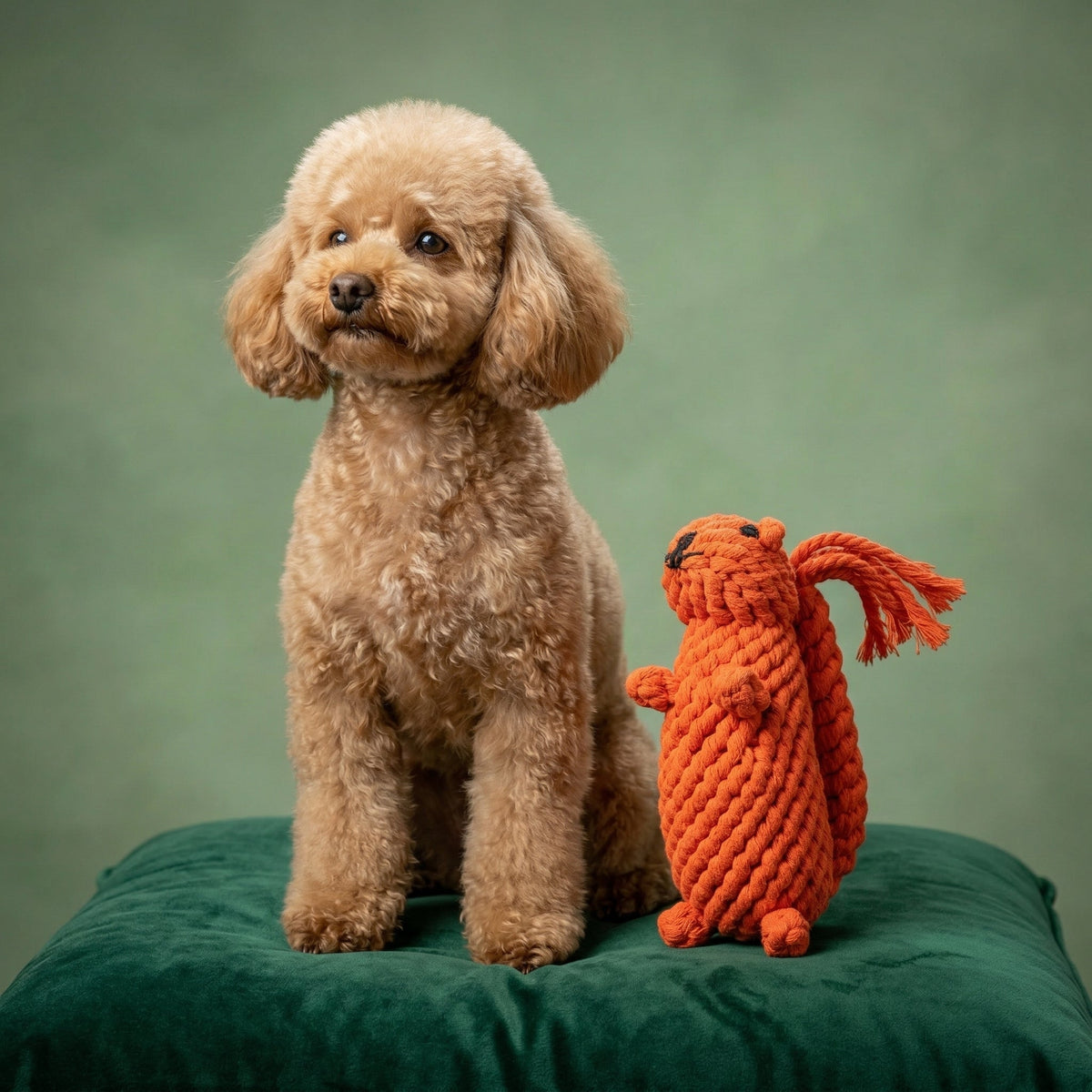 Poodle sitting on a green cushion beside Oliver the Squirrel Rope Toy