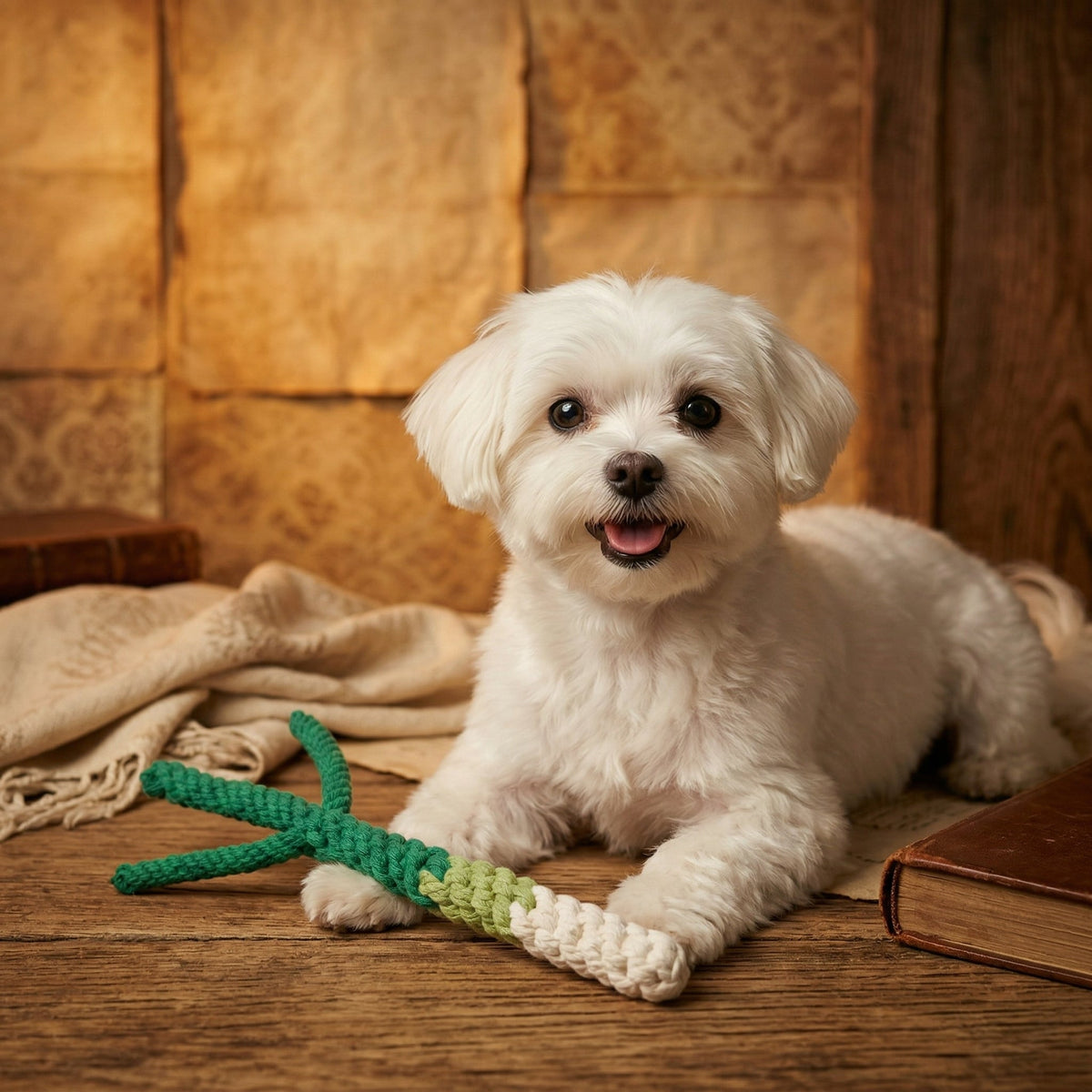 White Maltese lying on a rug next to the Monli Handmade Green Onion Tug Rope Toy